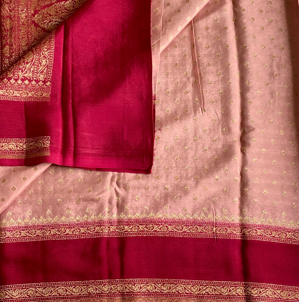 Blush Beige with Maroon Banarasi Crepe Silk Saree With Brocade Border