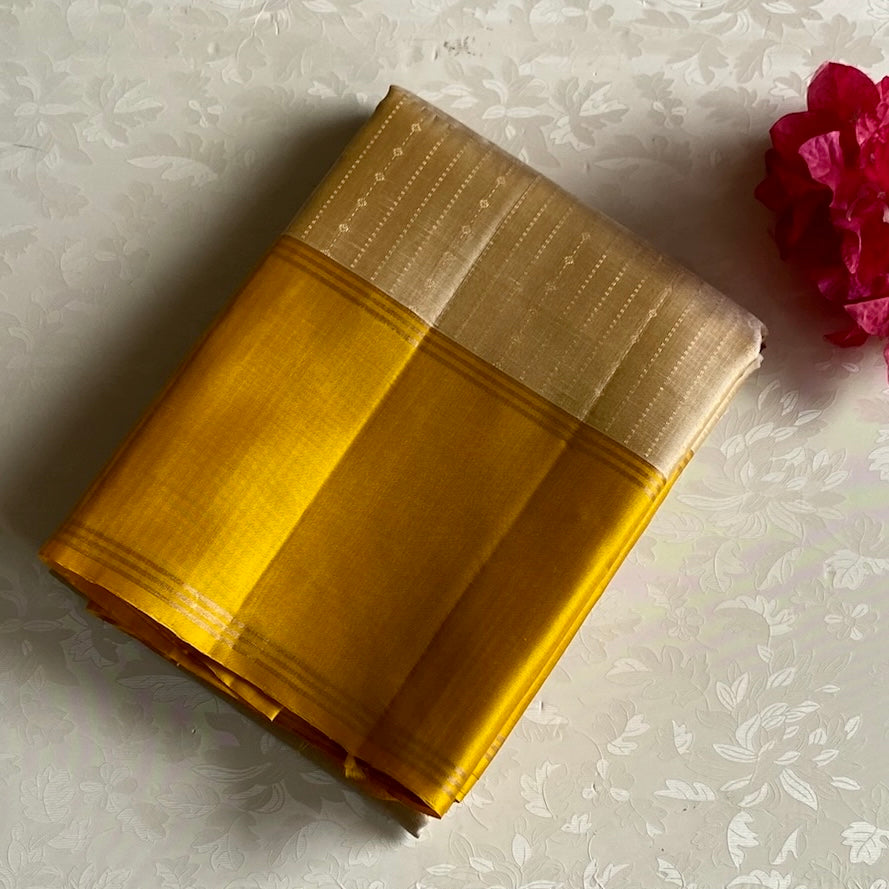 Rich Champagne Beige Designer Pure Silk Saree With Mango Yellow