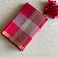 Champagne Beige & Rani Pink Checkered Designer Pure Silk Saree
