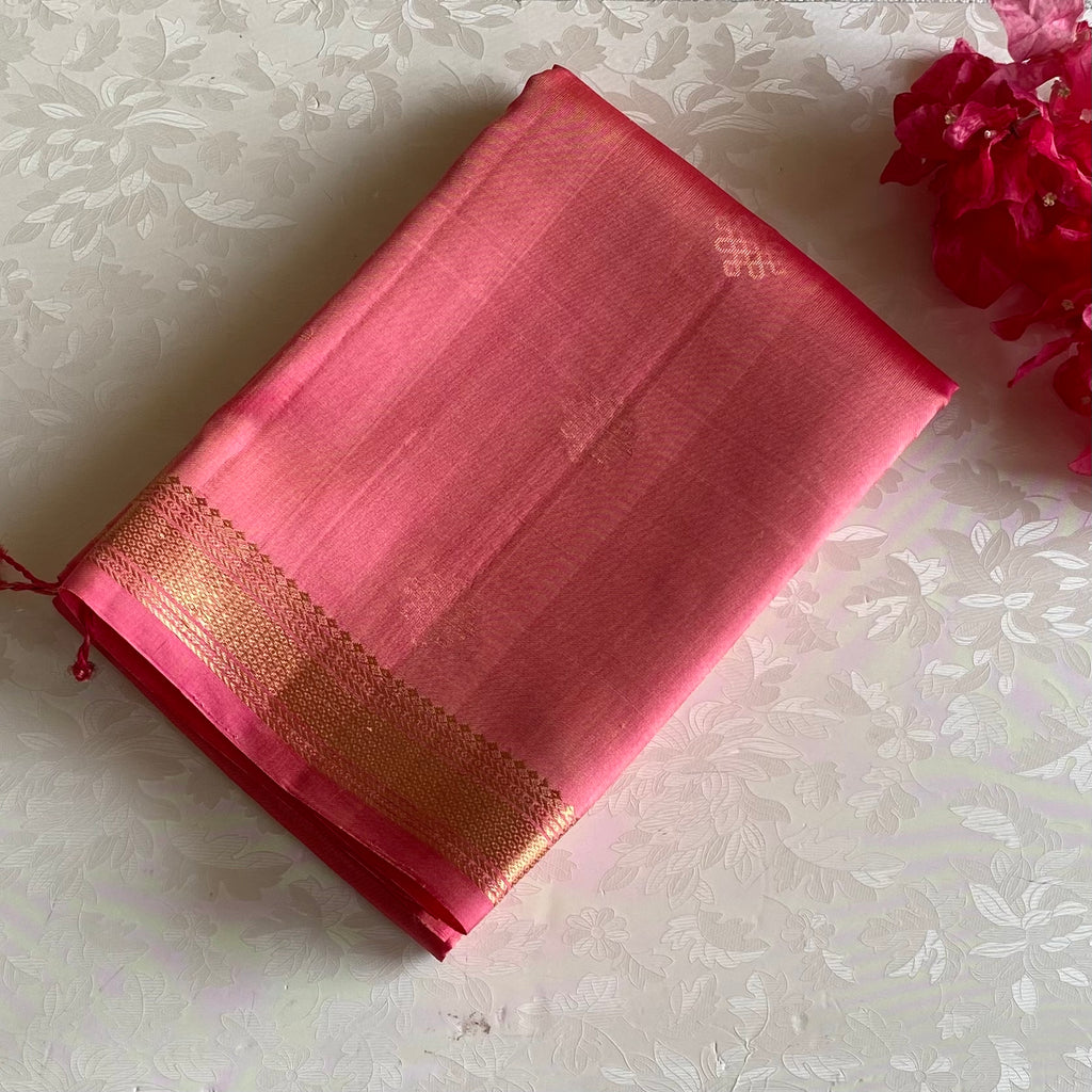 Metallic Rose Pink Designer Pure Silk Kollam Zari Woven With Rich Pallu
