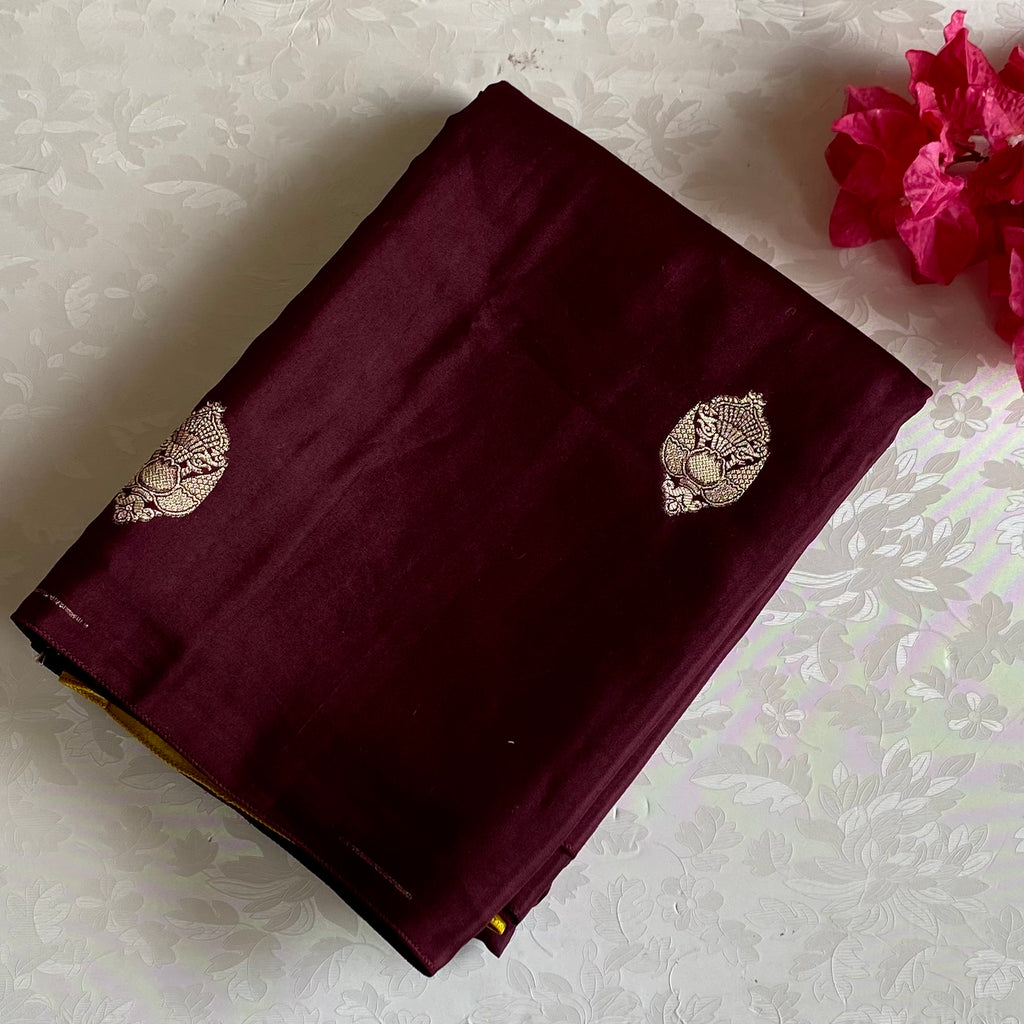 Plum Brown Soft Crepe Silk Saree With Antique Gold Pallu And Lime Blouse