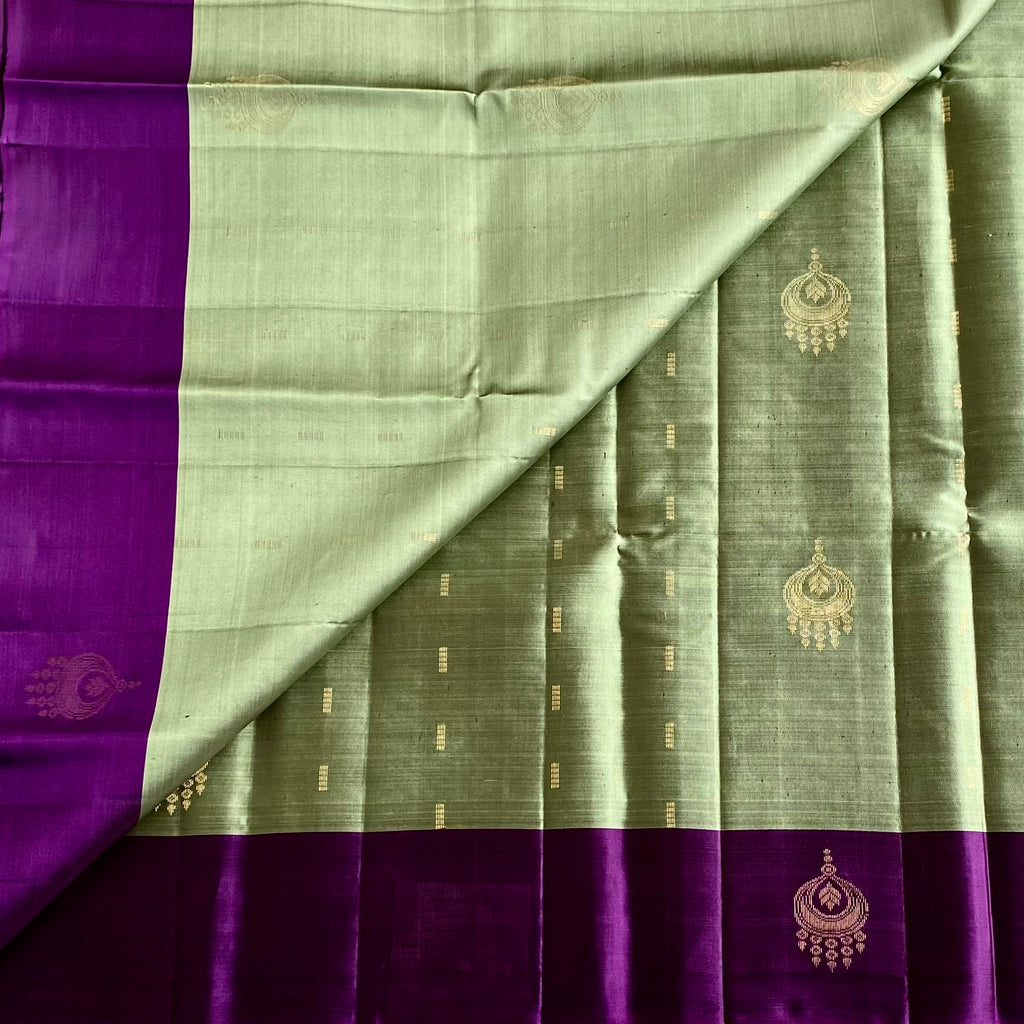 Sage Green Designer Pure Silk Saree With Royal Purple Pallu