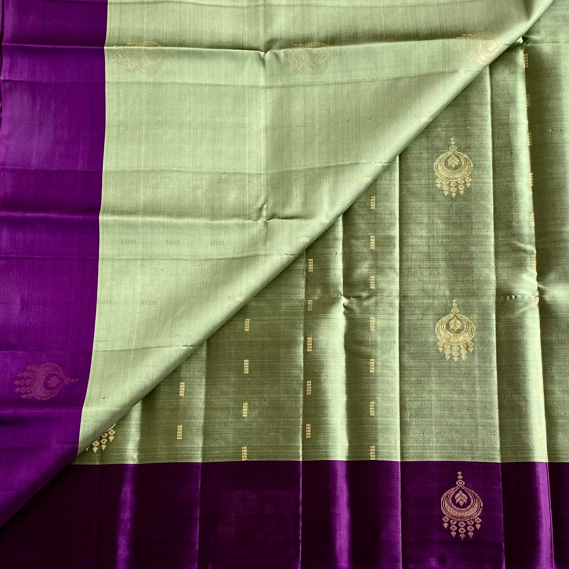 Sage Green Designer Pure Silk Saree With Royal Purple Pallu