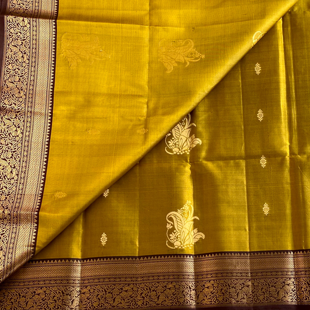 Deep Mustard Yellow Designer Pure Silk Saree With Wine Brown Pallu Gold Zari