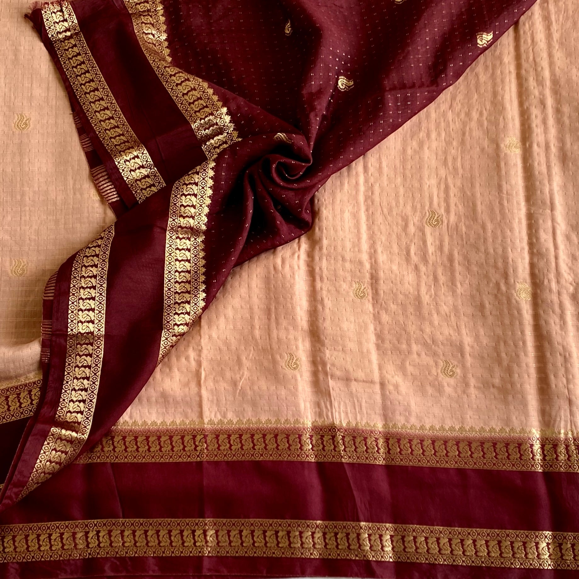 Peach Soft Tussar Silk Saree With Maroon Pallu And Gold Zari