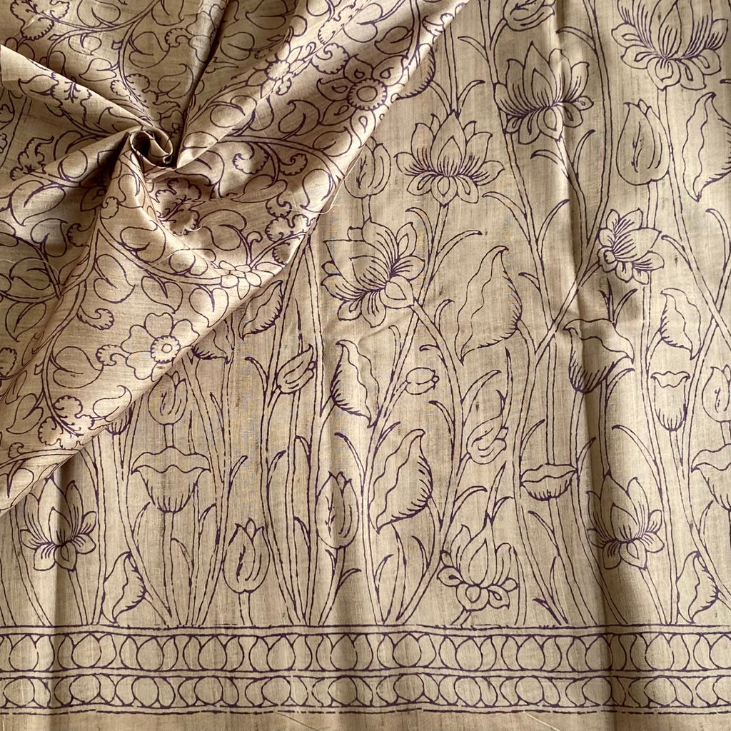Antique Gold Soft Tussar Silk Saree With Plum Purple Pallu