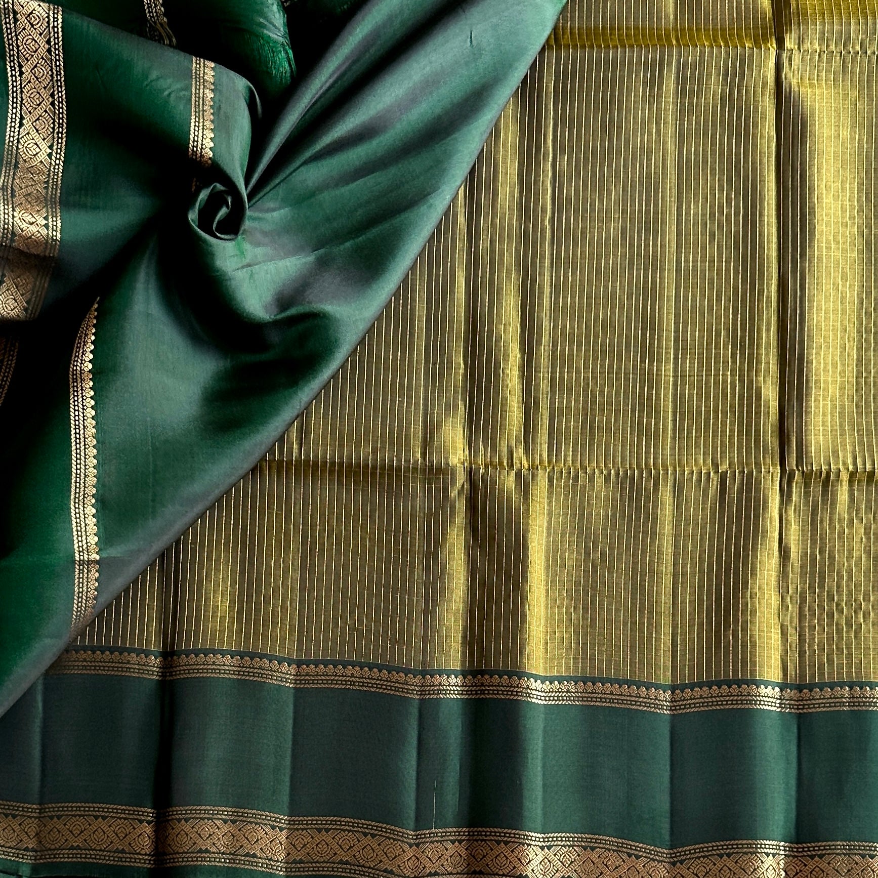 Deep Teal Silk Saree with Gold Zari Paisley Geometric Border