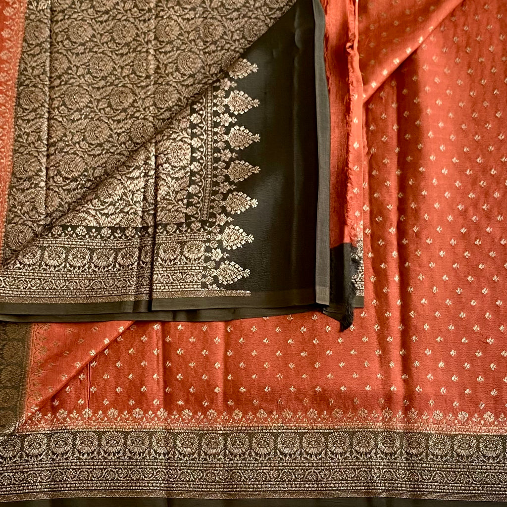 Rare beauty Rust Orange Banarasi Crepe Silk Saree Deep Olive With Pallu