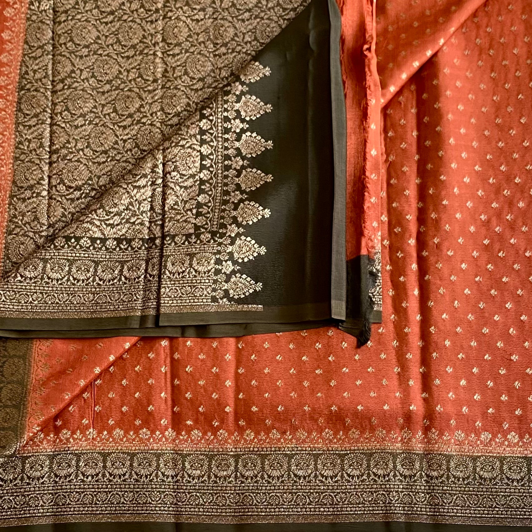 Rare beauty Rust Orange Banarasi Crepe Silk Saree Deep Olive With Pallu
