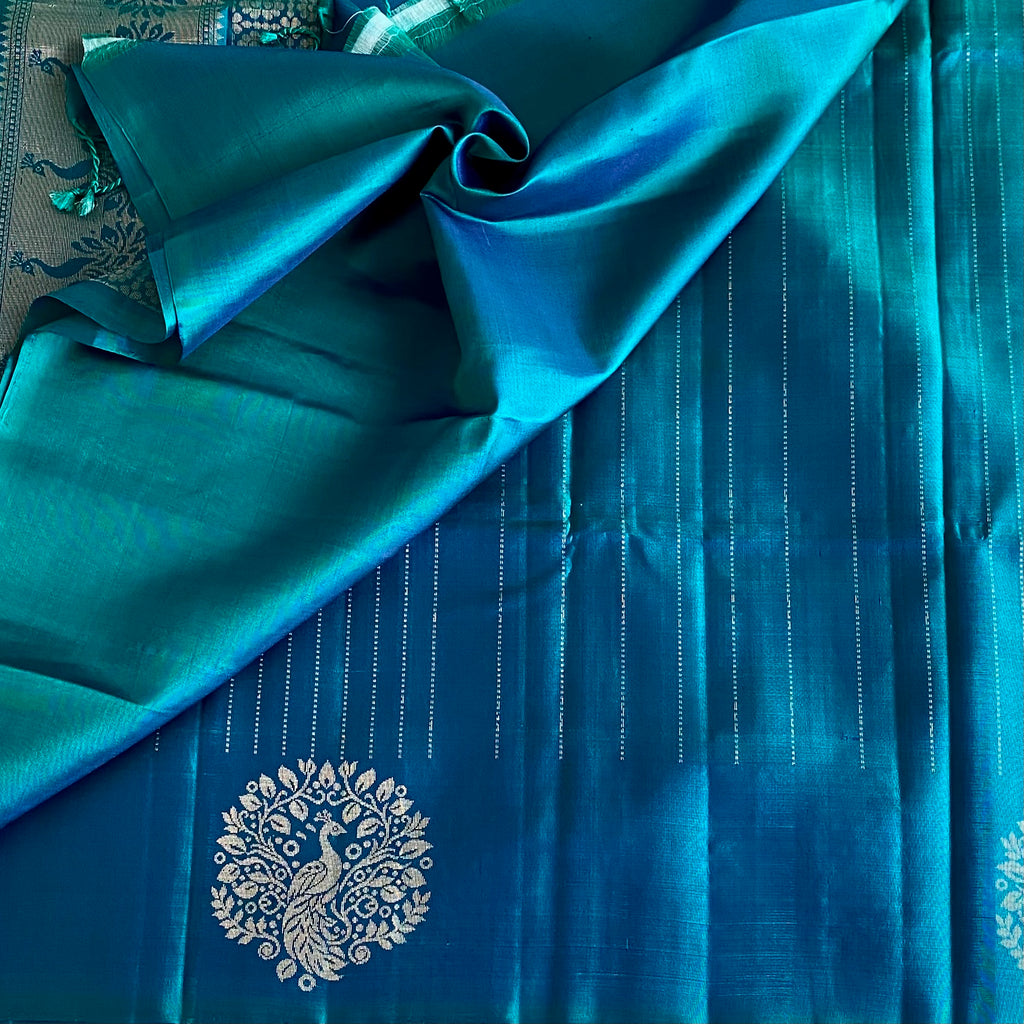 Teal Blue Designer Pure Silk Saree With Emerald Green Pallu