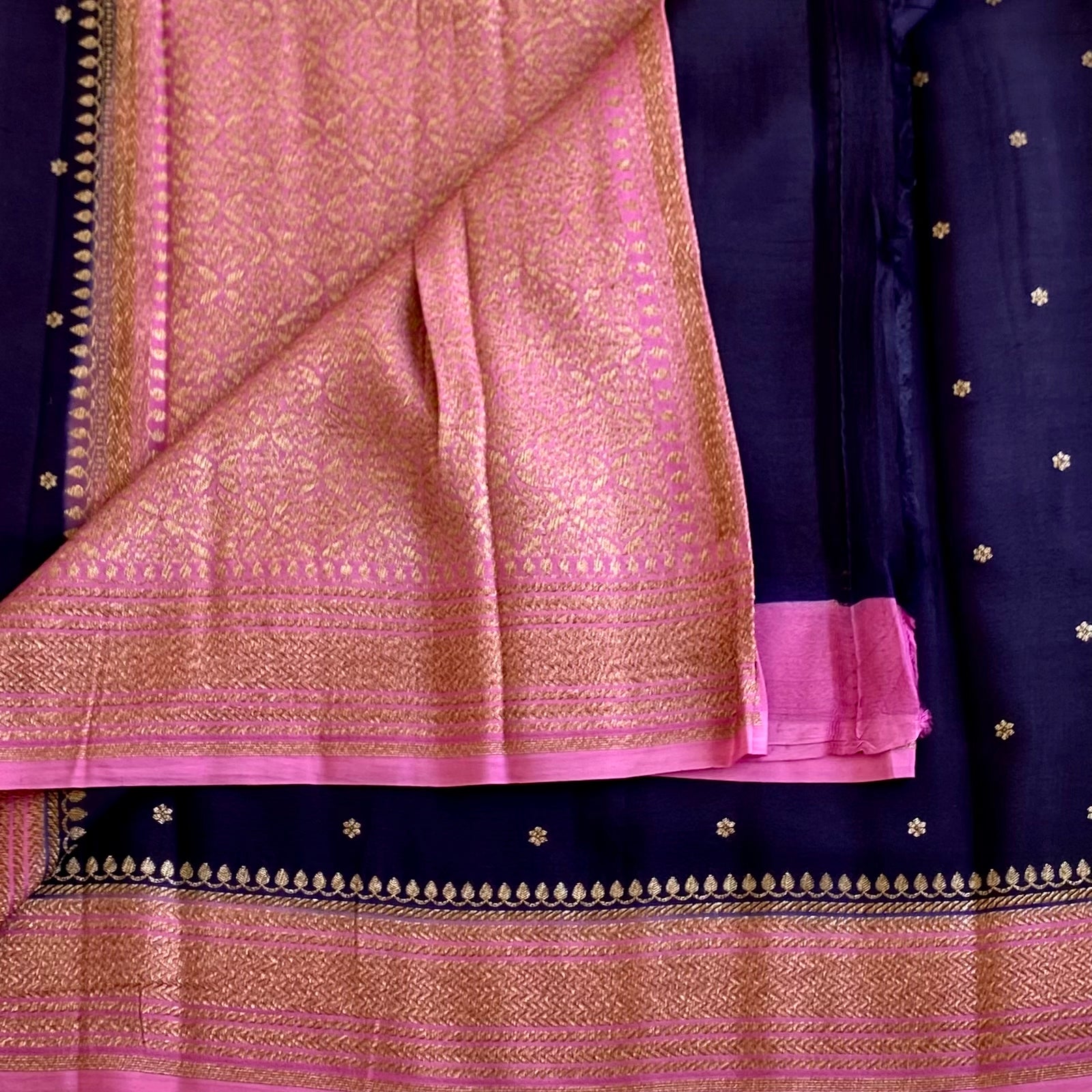 Midnight Navy Banarasi Crepe Silk Saree With Rose Pink Pallu