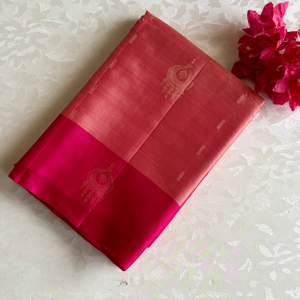 Coral Blush Designer Pure Silk Saree With Rani Pink Pallu