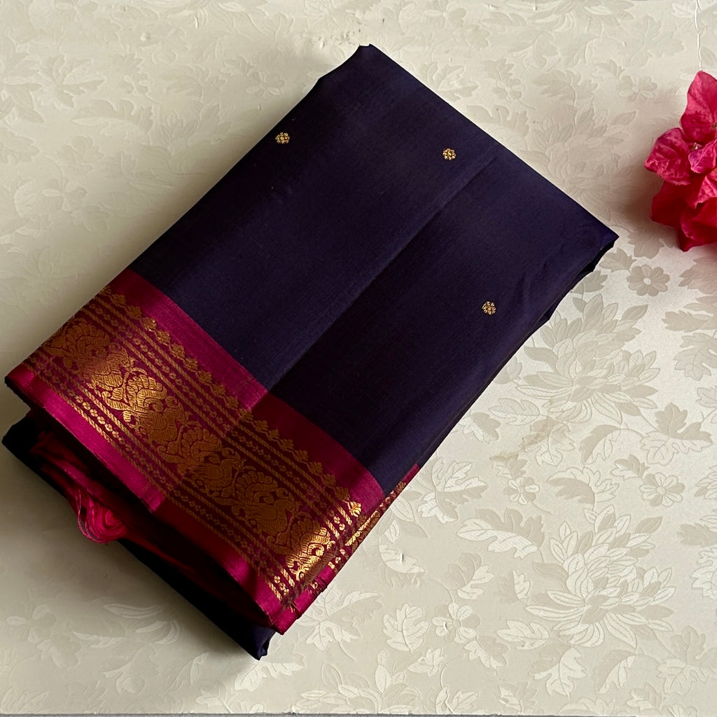 Magenta Navy Silk Saree Gold Zari Lattice Border Wedding Traditional