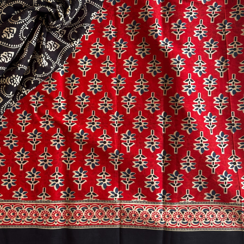 Scarlet Red Navy Pallu Printed Saree With Black Border