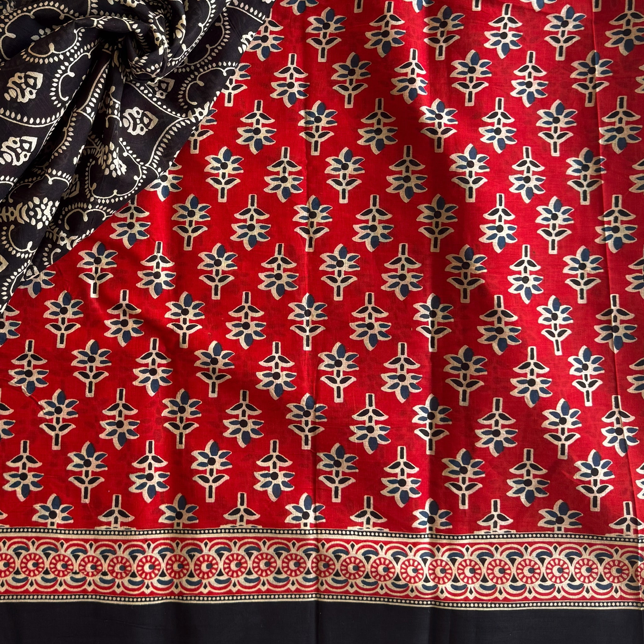 Scarlet Red Navy Pallu Printed Saree With Black Border