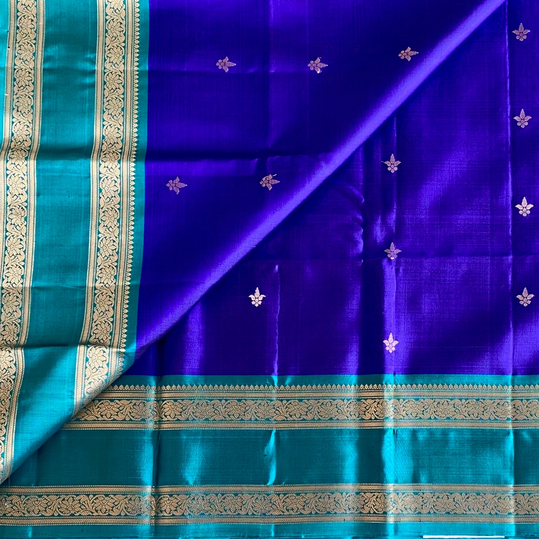 Royal Blue Designer Pure Silk Saree With Teal Blue Pallu