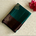 Teal Designer Pure Silk With Chocolate Brown Pallu And Gold Buttas