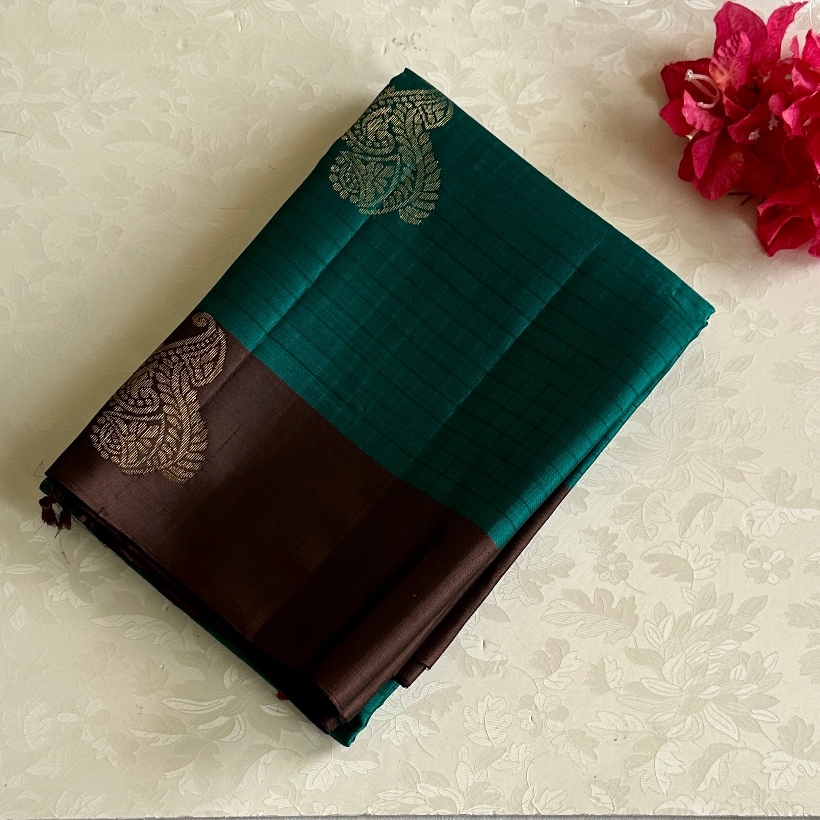 Teal Designer Pure Silk With Chocolate Brown Pallu And Gold Buttas