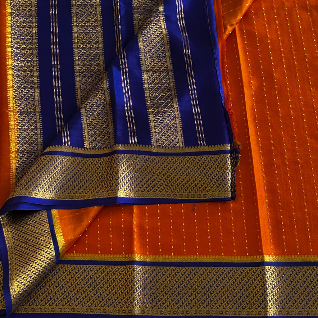 Burnt Orange Zari Buttas With Royal Blue Pure Mysore Silk