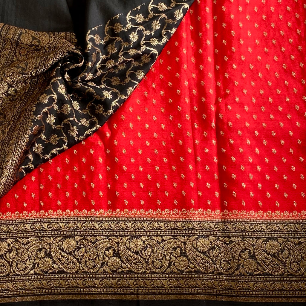 Crimson Red & Jet Black Banarasi Crepe Silk Saree With Antique Zari Buttas