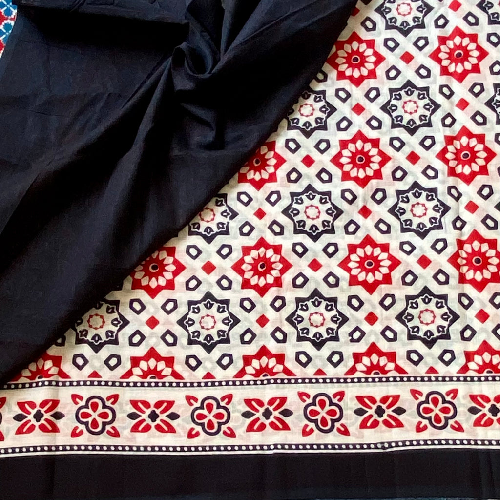 Navy Blue Crimson Floral Block Print Cotton Saree Traditional Wear