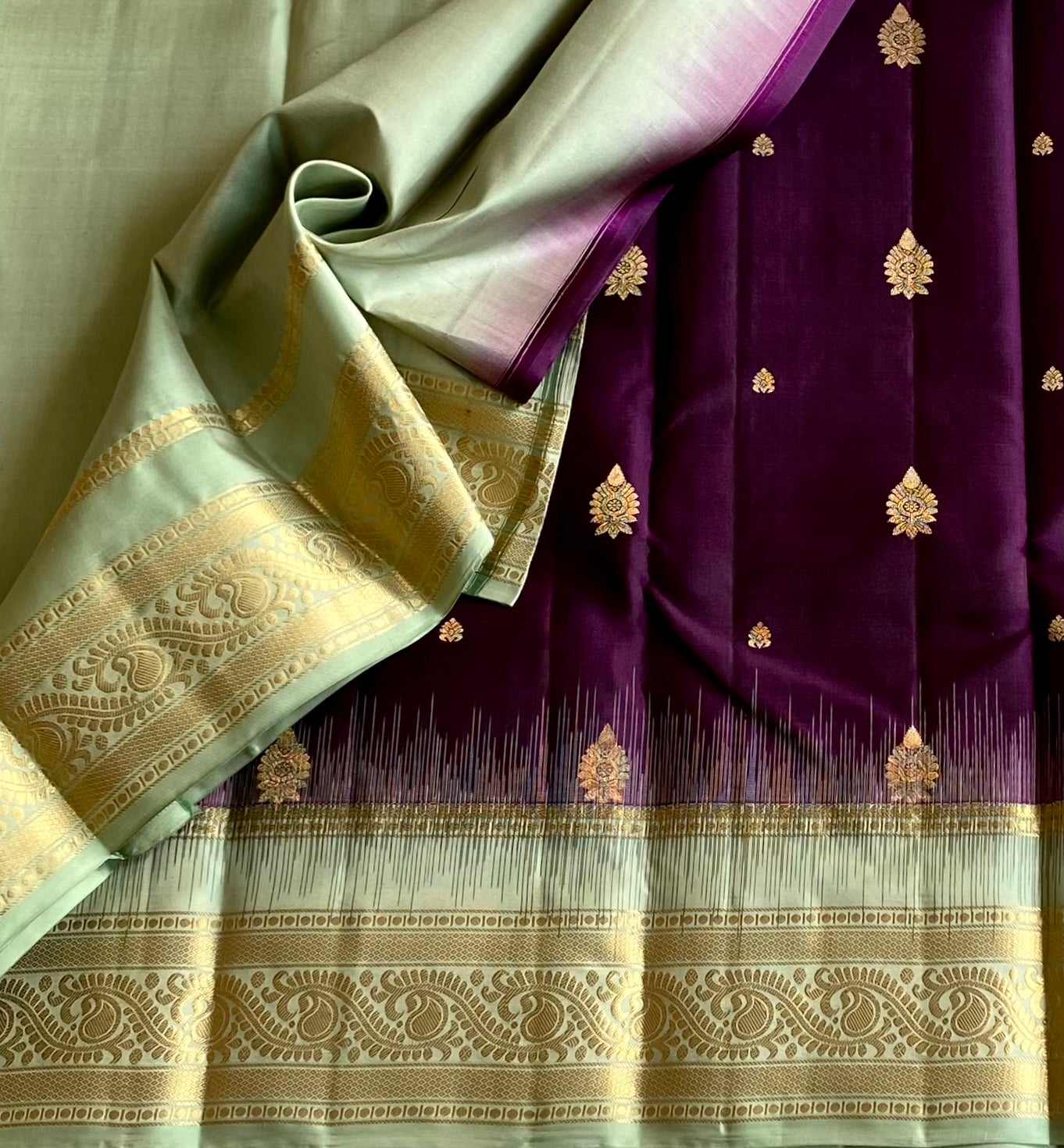 Plum Mint Silk Saree Gold Zari Butta Wide Border Wedding