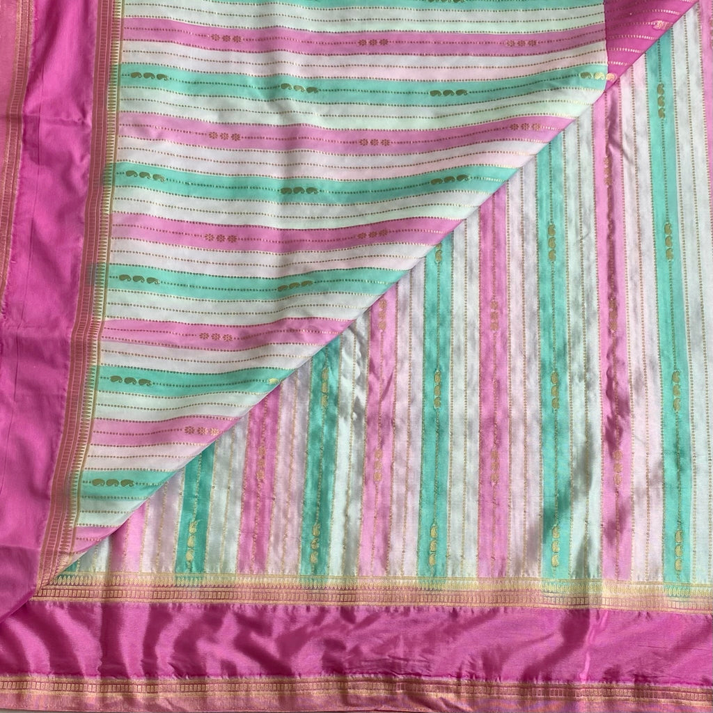 Mint Green, White and Pink Striped Soft Tussar Silk Saree With Rani Pink Border Gold Brocade