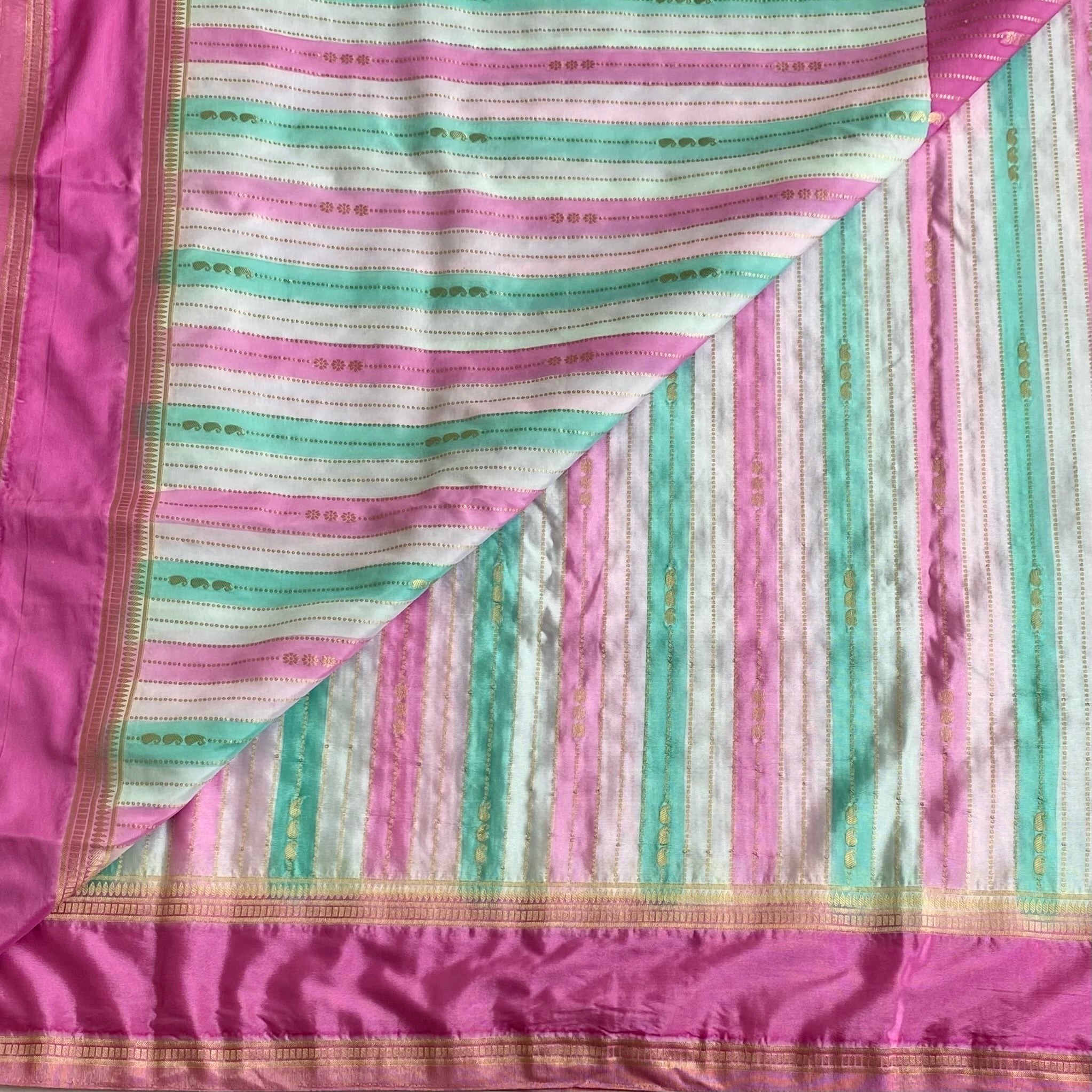 Mint Green, White and Pink Striped Soft Tussar Silk Saree With Rani Pink Border Gold Brocade