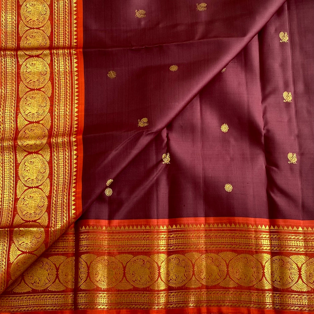 Deep Wine Brown Kanjeevaram Pure Zari Silk Saree With Saffron Orange Pallu