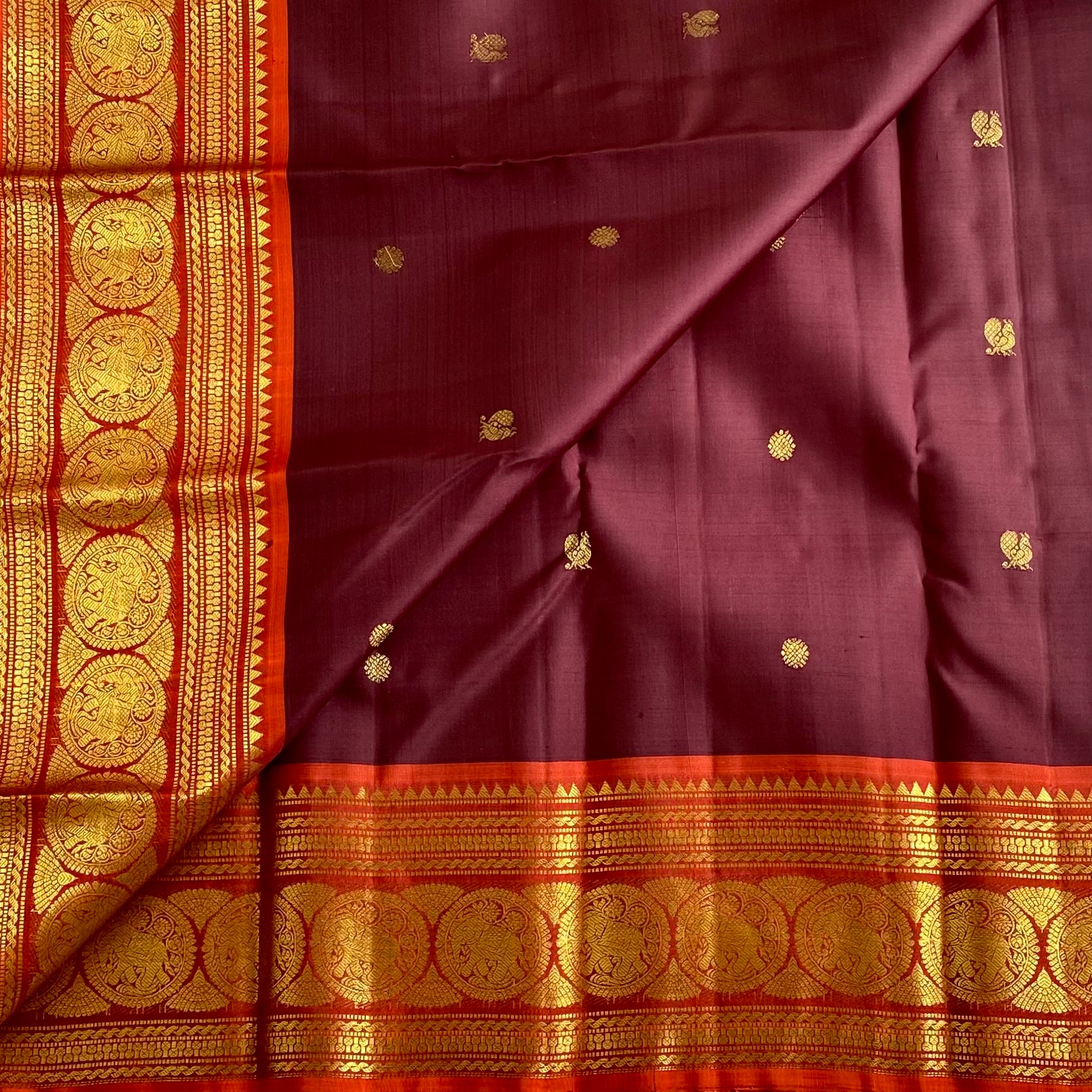 Deep Wine Brown Kanjeevaram Pure Zari Silk Saree With Saffron Orange Pallu