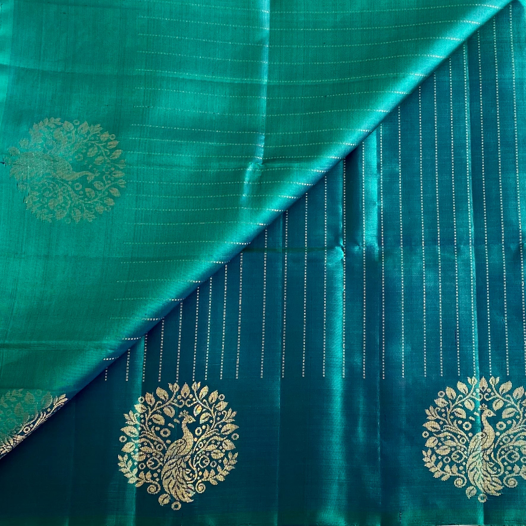 Peacock Blue Designer Pure Silk Saree With Gold Zari Peacock Motifs