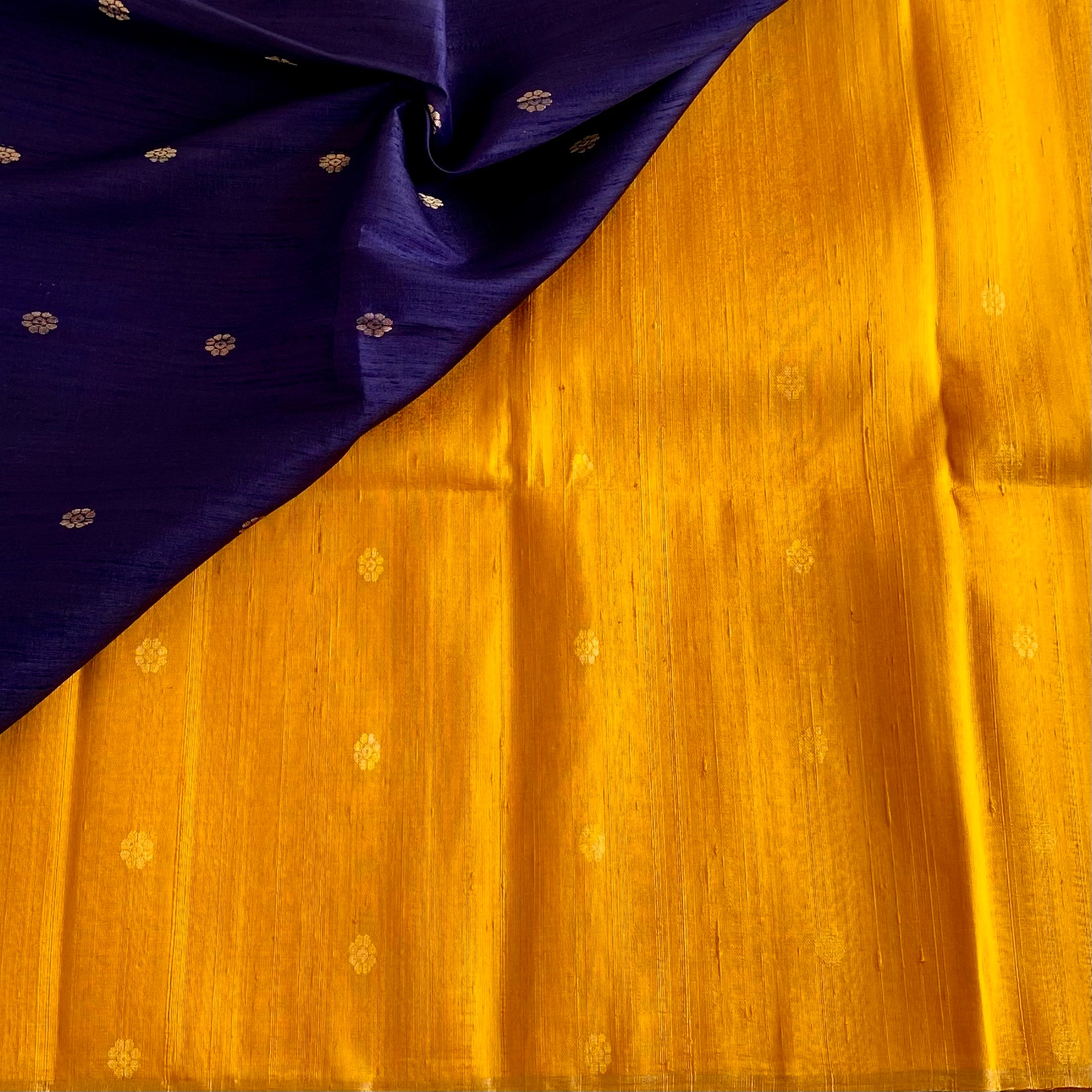 Mustard Yellow Designer Pure Raw Silk Saree With Royal Purple Pallu