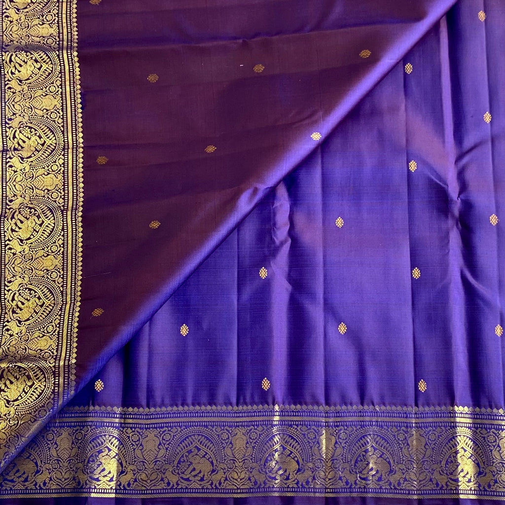 Kanjeevaram Pure Zari Silk Tacao Purple Saree With Zari Gold Border