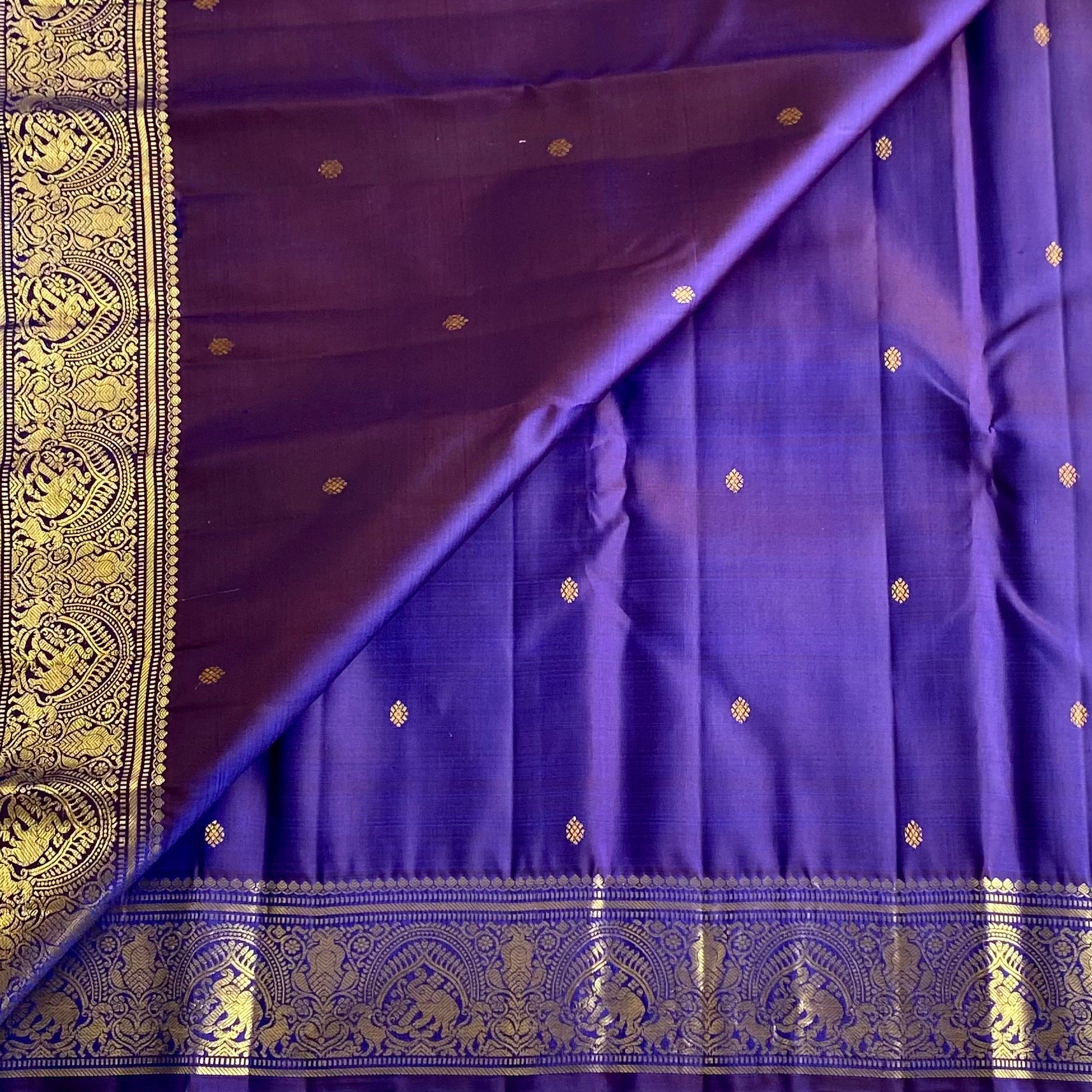Kanjeevaram Pure Zari Silk Tacao Purple Saree With Zari Gold Border