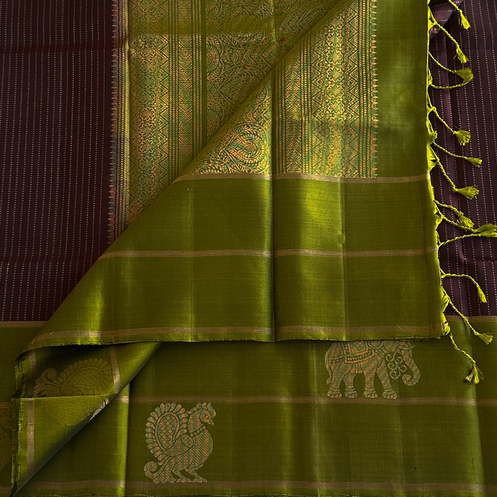 Plum Saree Chartreuse Pallu Gold Woven Elephant Peacock Motifs Traditional