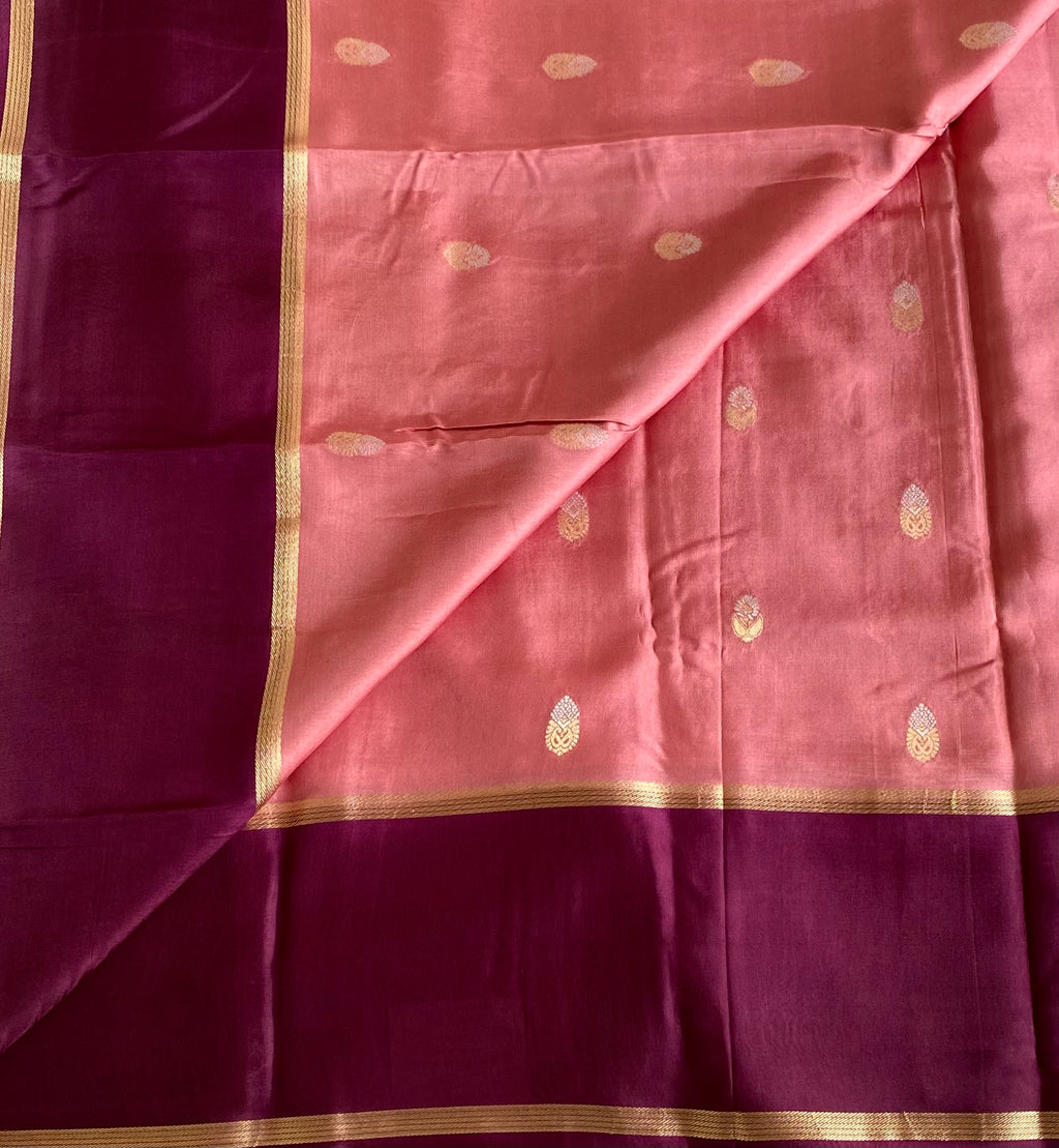 Peach Pink Soft Tussar Silk Saree With Plum Purple Border Pallu