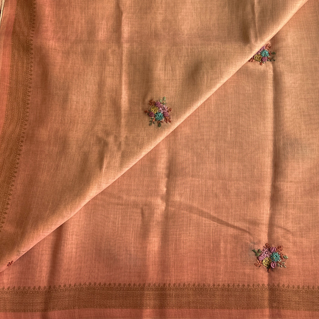 Elegant Peach Embroidered Floral Handloom Saree with Gold Zari Border
