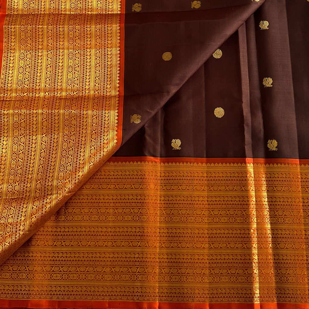 Deep Coffee Brown Luxurious Kanjeevaram Pure Silk with Rust orange borders