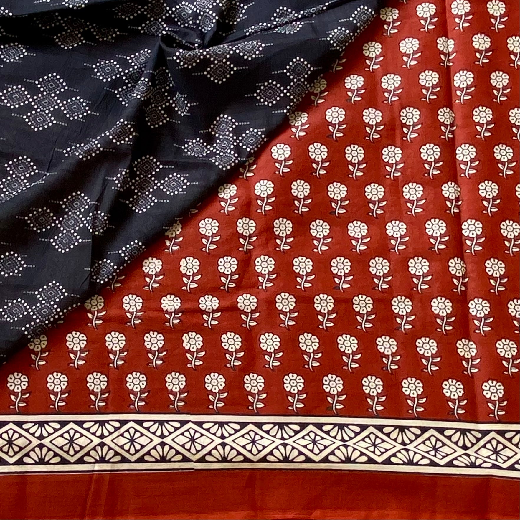 Rust Beige Handblocked Cotton Saree Paisley Striped Pallu Geometric Border