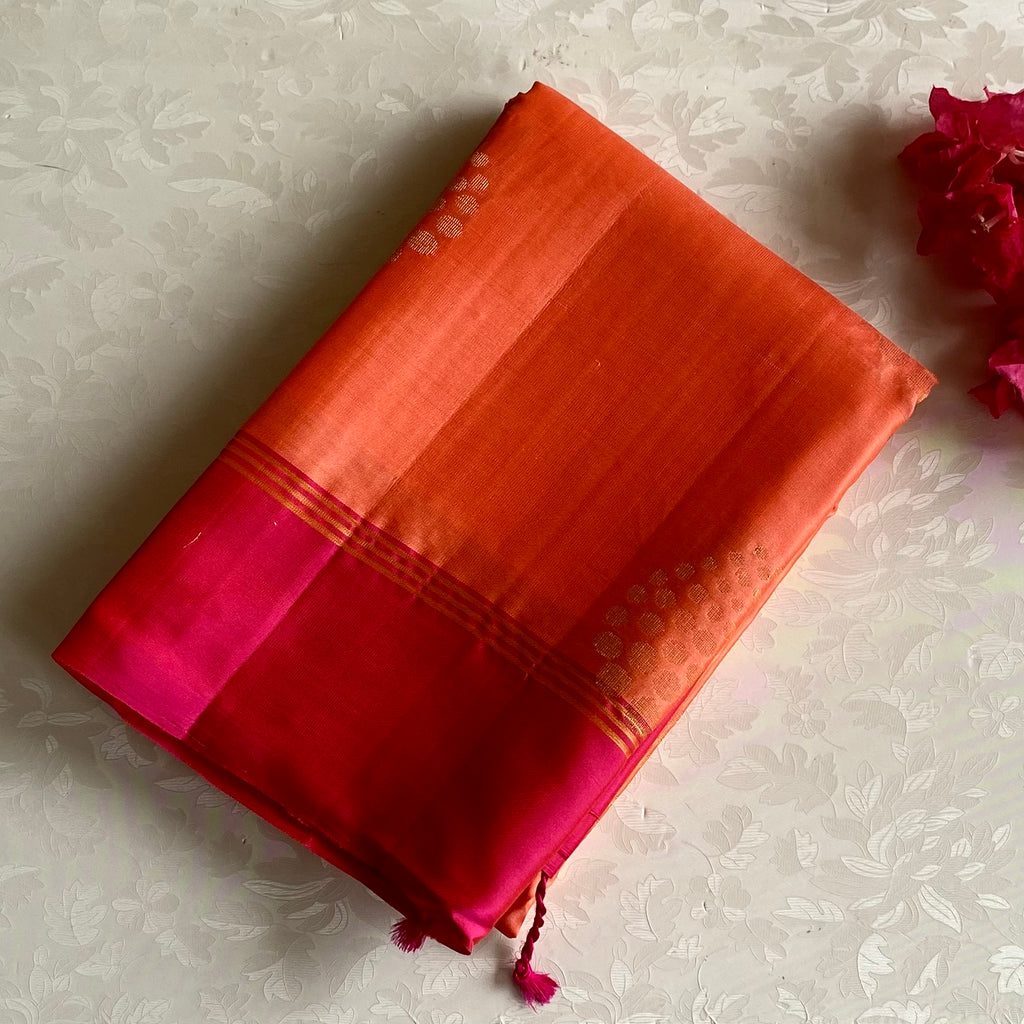Rani Pink Designer Pure Silk Saree With Bright Orange Contrast Border