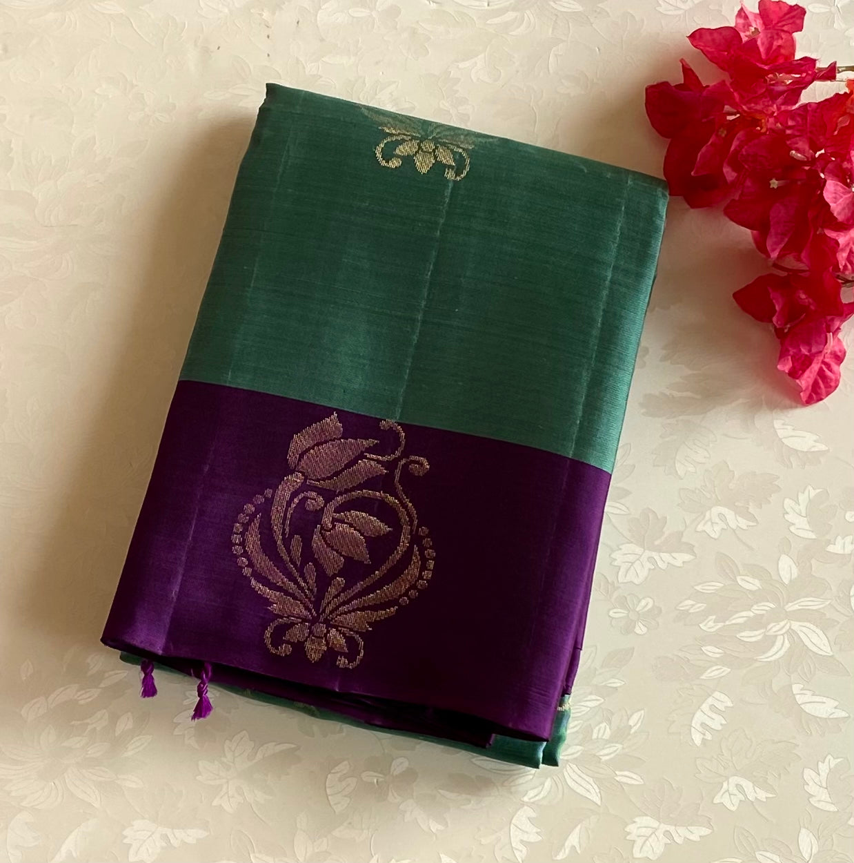 Purple Teal Silk Saree Gold Zari Pallu Paisley Border Traditional