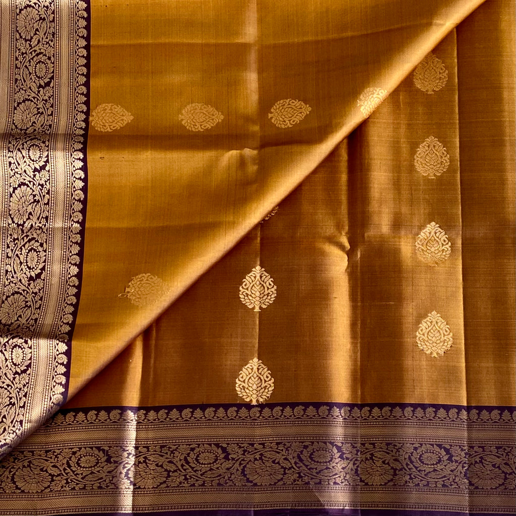 Antique Amber Gold Designer Pure Silk Saree With Royal Purple Pallu