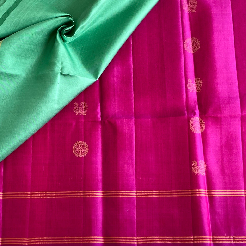 Pomegranate Pink Designer Pure Silk Saree With Sea Green Pallu