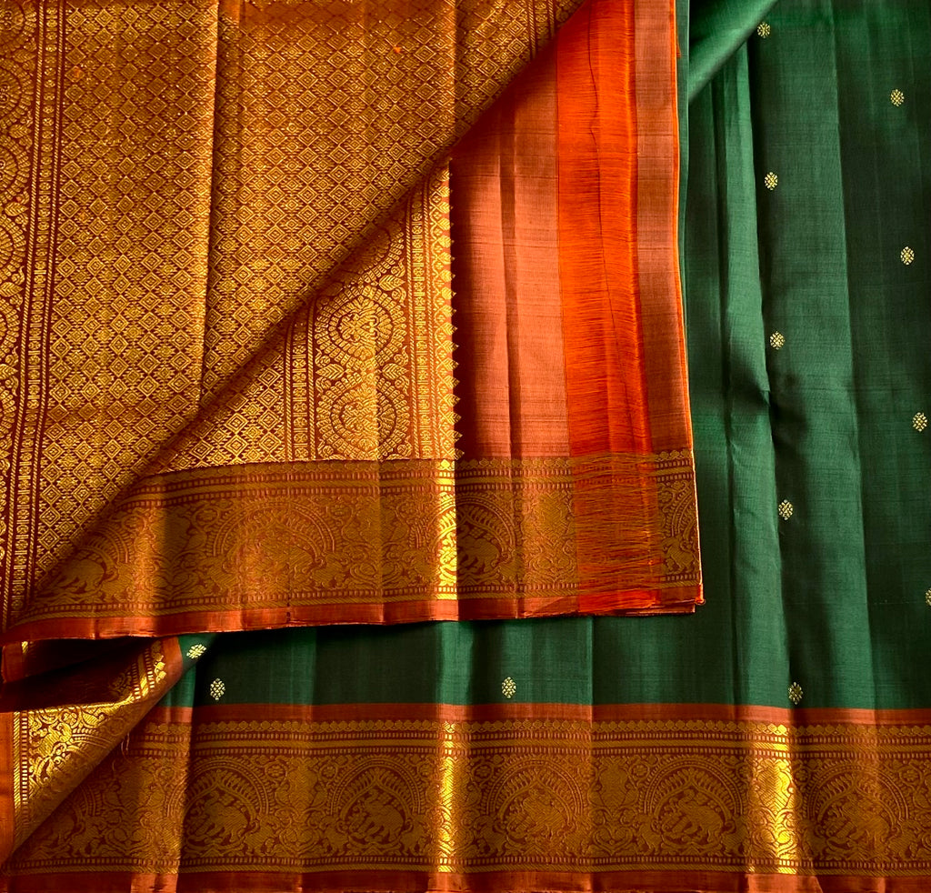 Traditional Emerald Green Saree Rust Orange Pallu Gold Brocade Border