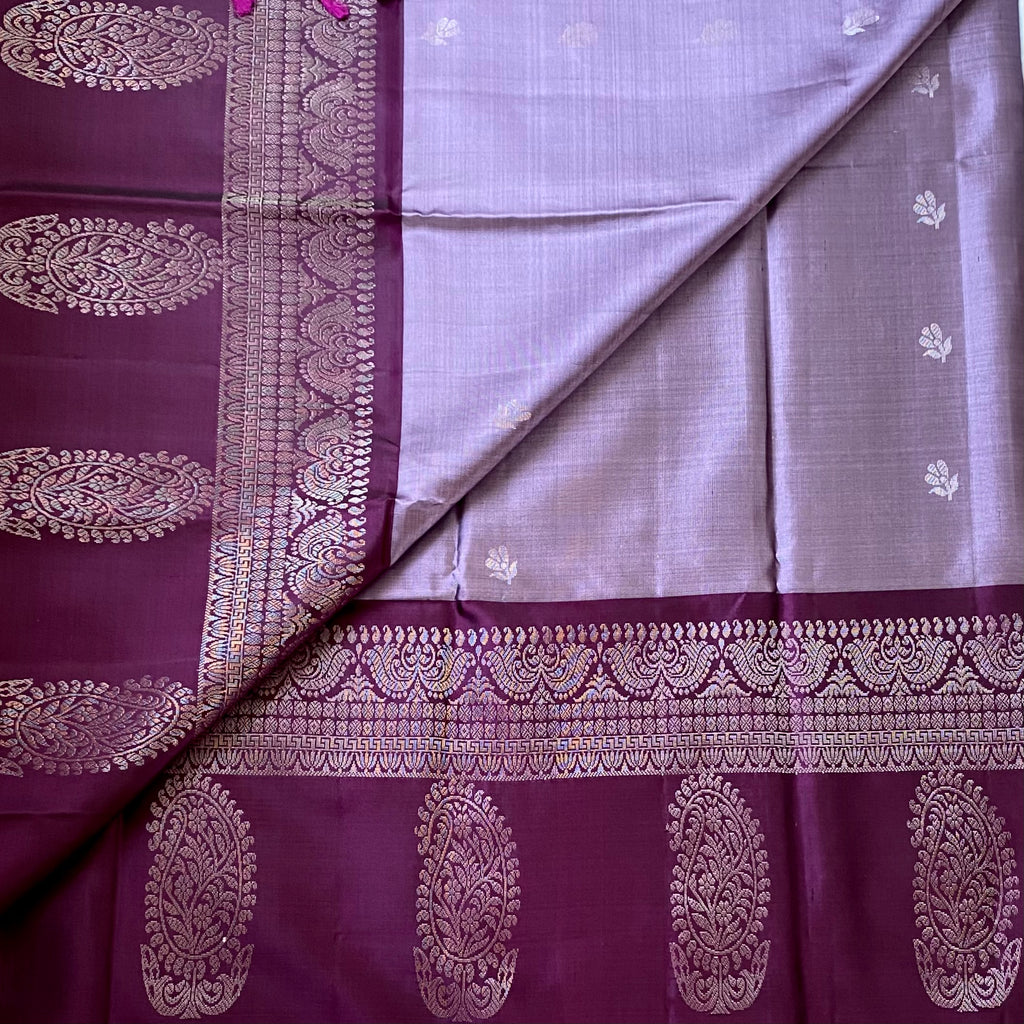 Magenta Banarasi Silk Saree Silver Zari Paisley Border Geometric Pallu