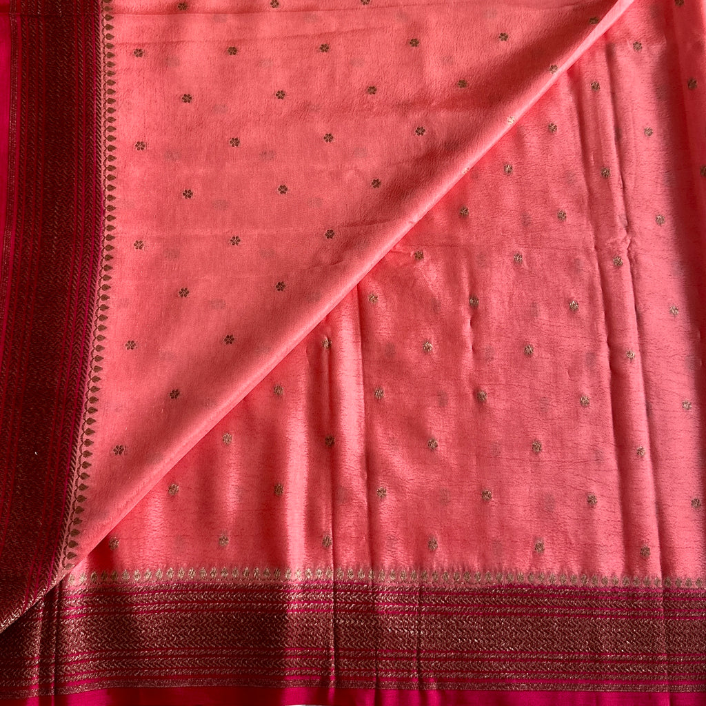 Coral Peach with Stunner Tomato Pink Banarasi Crepe Silk