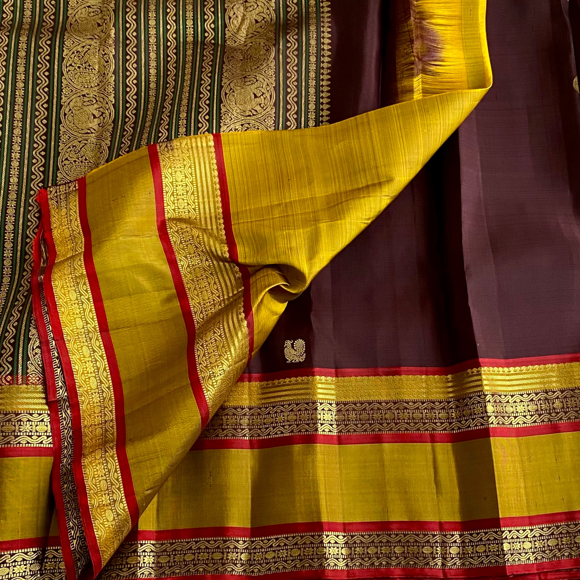 Chocolate Winw Kanjeevaram Pure Zari Silk Saree With Antique Gold Pallu
