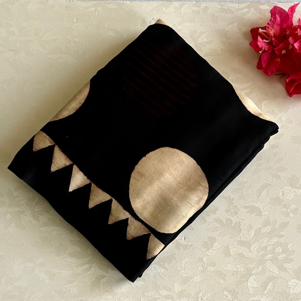 Jet Black Ajrakh Handblock Printed Silk Saree With Antique Gold Pallu