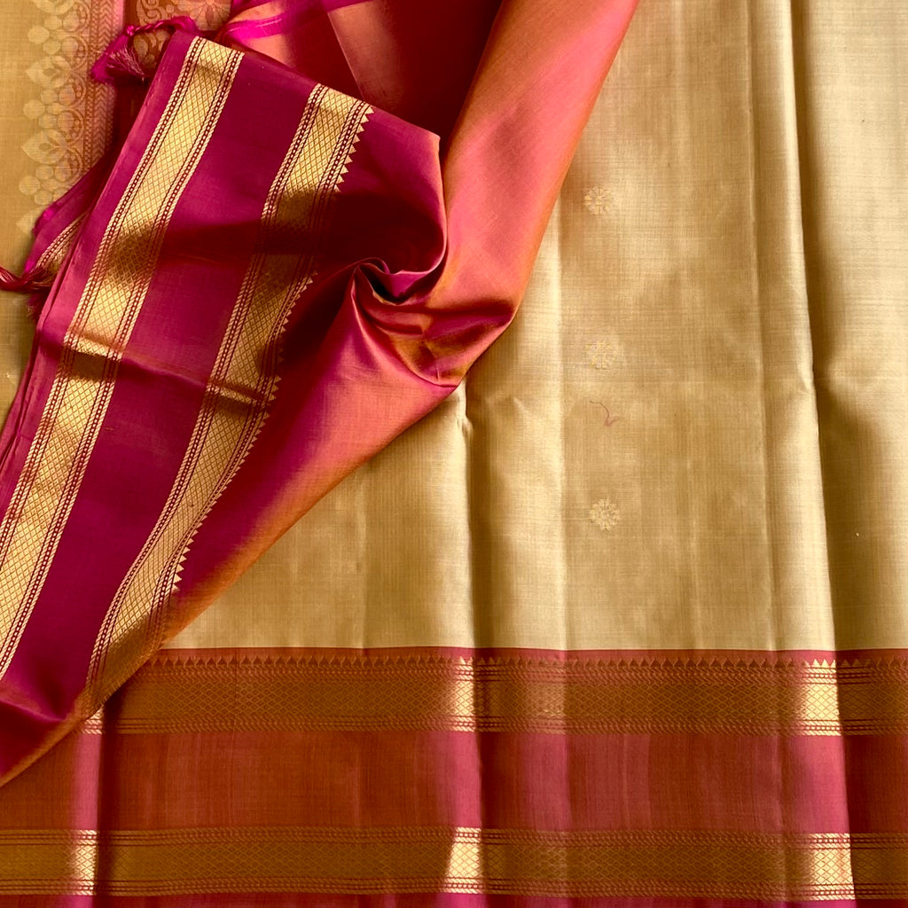 Pale Gold Designer Pure Silk Saree With Fiery Rose Pallu