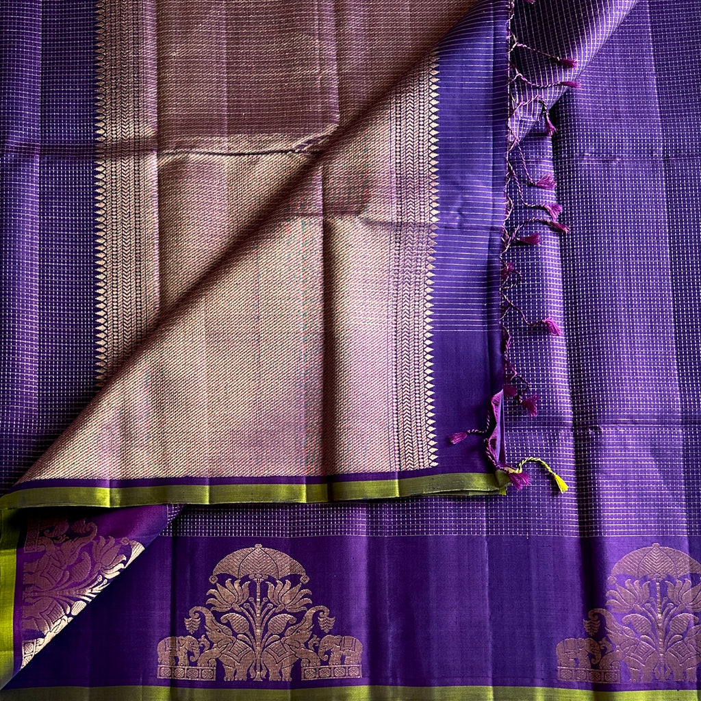 Royal Purple Silk Saree Rose Gold Zari Elephant Border Traditional